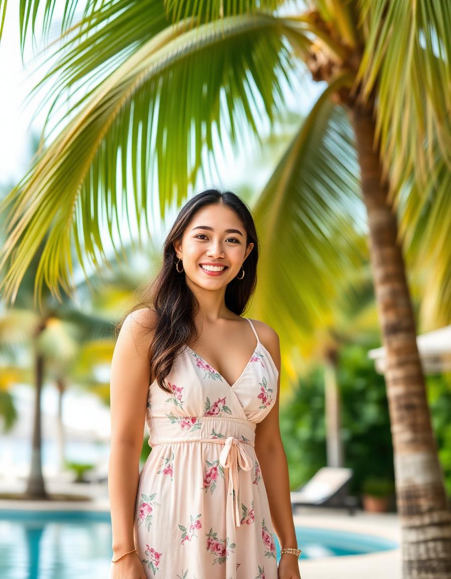 Aiko smiling under palm leaves at a tropical resort