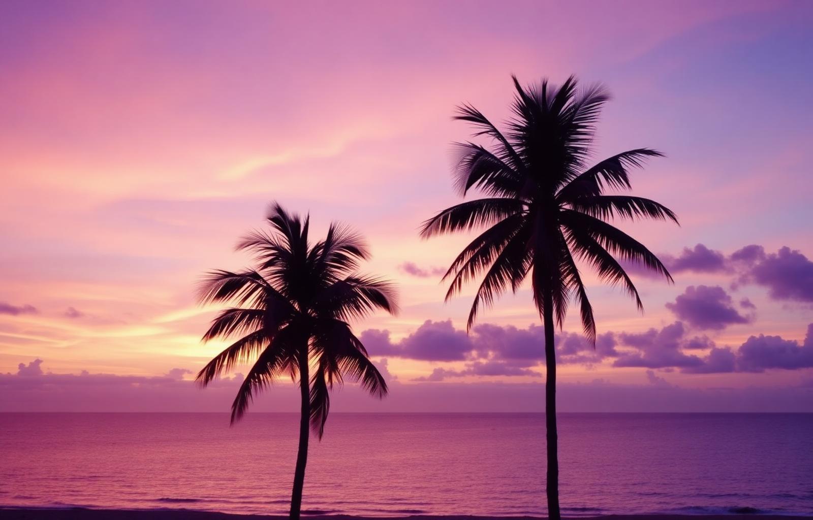 Palm trees over a violet ocean sunset, the OtherHalf AI mood